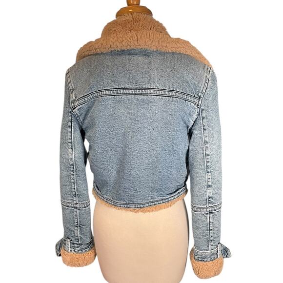 Hollister Faux Fur Lined Denim Jacket Women’s XS Y2K Cropped Tan Sherpa Collar - Picture 3 of 13